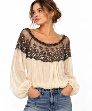 RYU Sz L Top Cream Chocolate Brown Rhinestone Beaded Lace Mesh Boho Peasant